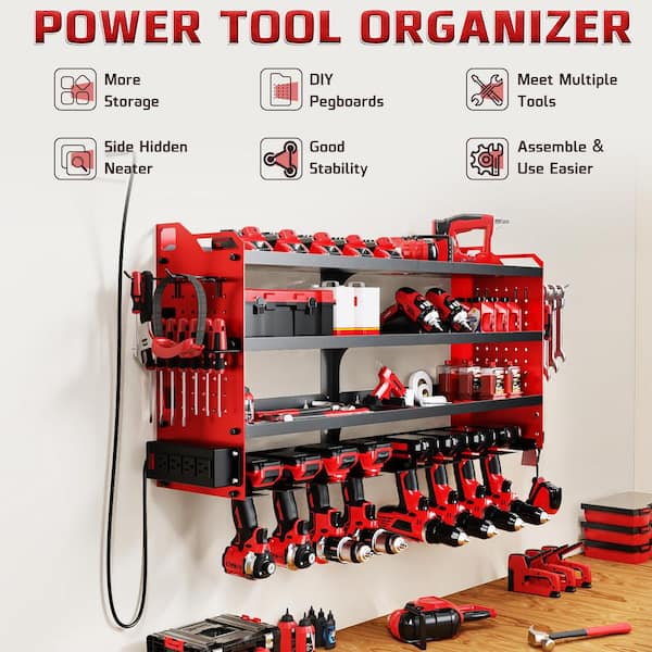 33.46 in. Red Steel 4-Tier Power Tool Organizer Wall Mount Tool Storage Rack Workbench with Side Pegboards (1-Pack)