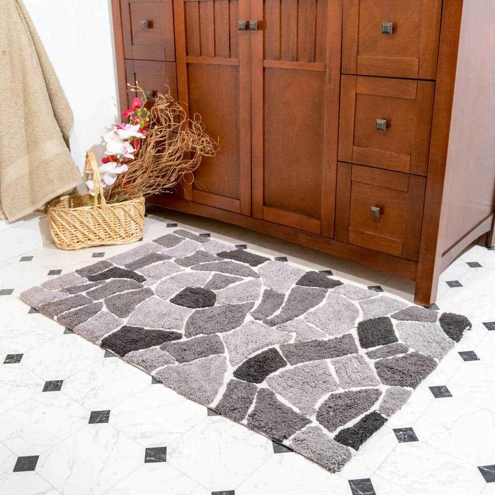 Modern Grey Cotton Tufted Rectangular Bath Rug Set