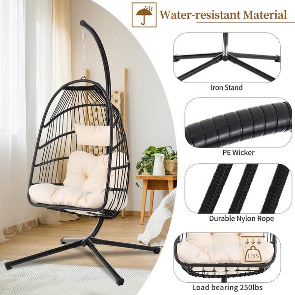 Foldable Swing Chair PE Wicker Egg Hanging Chair Hammock Chair with Stand and Beige Cushion ZQ WF285496AAA The Home Depot