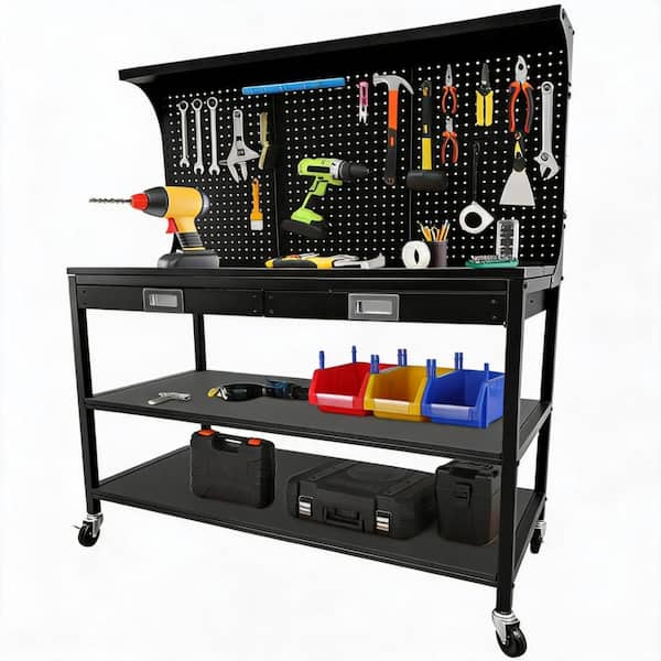 48 in. Heavy-Duty Steel Rolling Workbench with Drawers, Pegboard and 3-Tier Storage