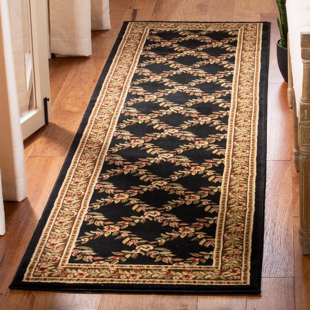 Elegant Floral Border Runner Rug in Black and Brown, 2'3" x 8'