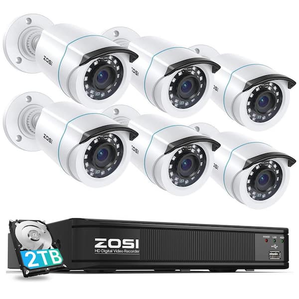 8-Channel 2MP DVR 2TB HDD Security Camera System with 6 Wired 1080P Bullet Cameras, White