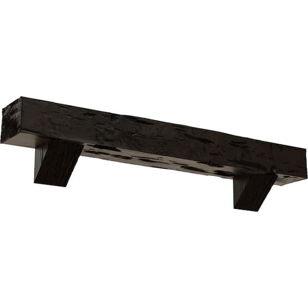 Ekena Millwork 6 in. x 10 in. x 3 ft. Pecky Cypress Faux Wood Fireplace Mantel Kit with Breckinridge Corbels, Premium Walnut