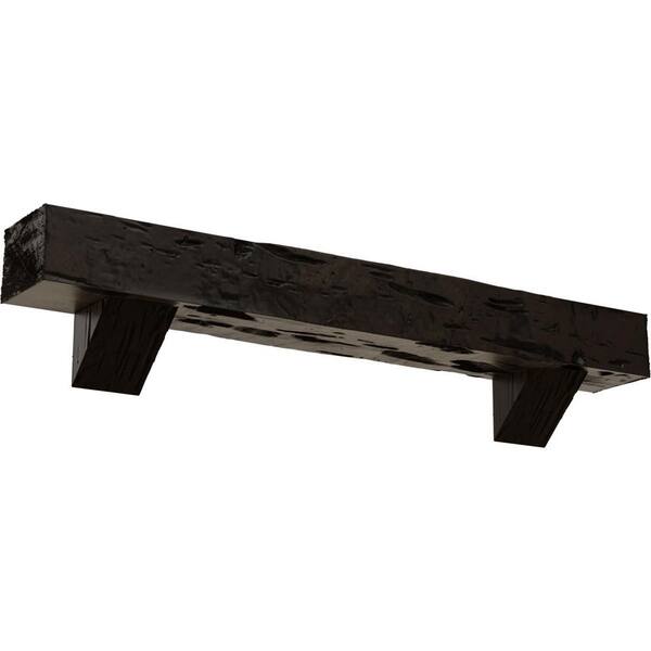 Ekena Millwork 8 in. x 8 in. x 5 ft. Pecky Cypress Faux Wood Fireplace Mantel Kit, Breckinridge Corbels, Premium Walnut