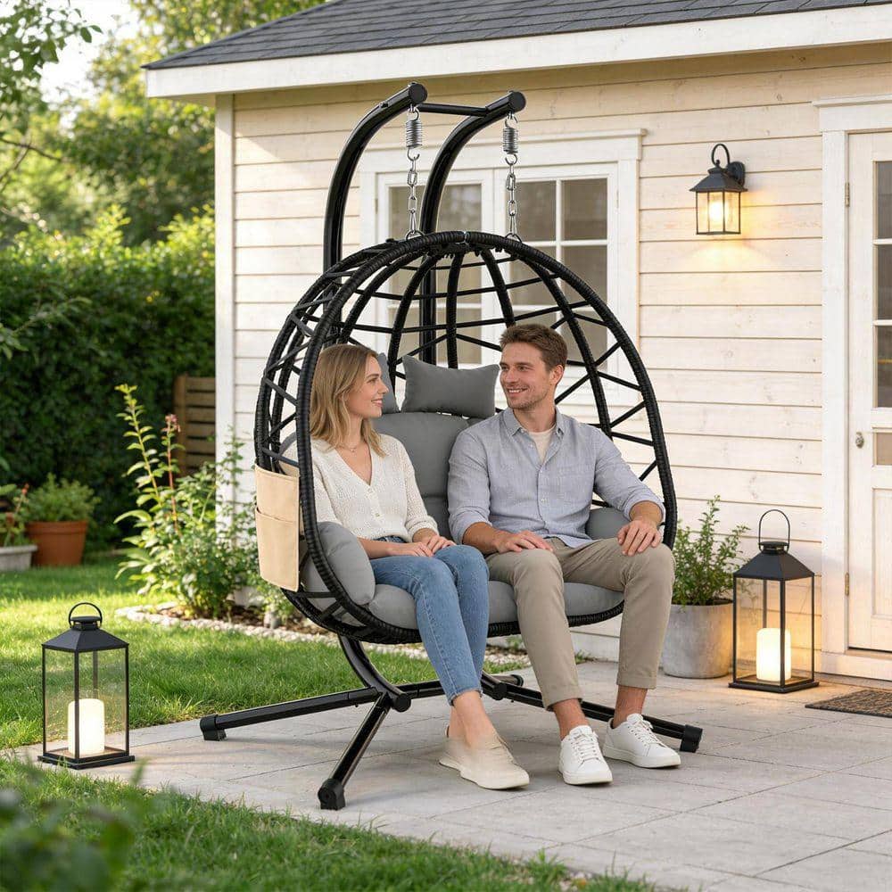 SEEUTEK Double Black Egg Chair Patio Hanging Basket Chair, Rattan