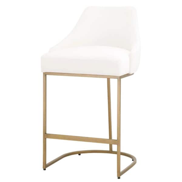 Benjara 35.25 in. White and Gold Low Back Wooden Frame Fabric Upholstered Bar Stool with Cantilever Base (Set of 2)
