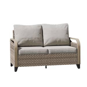 Brown 1-Piece Wicker Rattan Outdoor Patio Loveseat with Gray Cushions