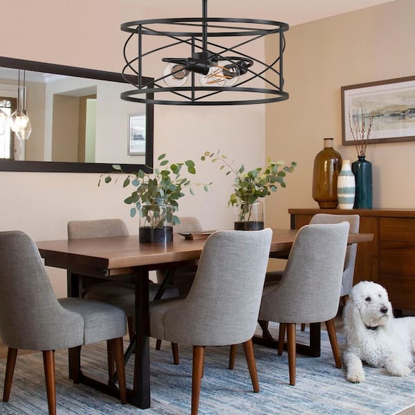 14.57 in. 3-Light Matte Black Semi- Flush Mount with Drum Cage for Bedroom or Hallway