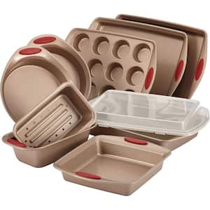 Latte Brown 10-Piece Nonstick Bakeware Set for Baking Cookies, Cakes, Muffins, and Bread with Cranberry Red Grips