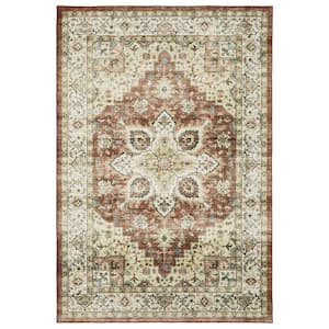 Summit Red/Ivory 5 ft. x 7 ft. Oriental Medallion Polyester Machine Washable Indoor Area Rug