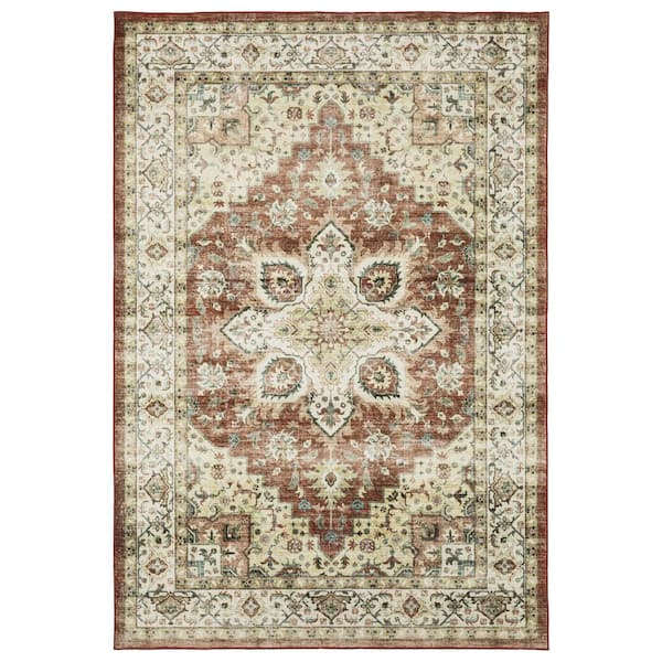 AVERLEY HOME Summit Red/Ivory 5 ft. x 7 ft. Oriental Medallion Polyester Machine Washable Indoor Area Rug