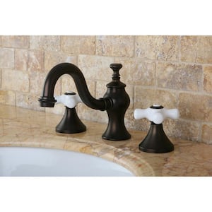 Porcelain Cross 8 in. Widespread 2-Handle High-Arc Bathroom Faucet in Oil Rubbed Bronze