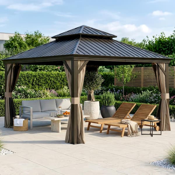 12 ft. x 12 ft. Brown Outdoor Aluminum Gazebo with Galvanized Steel Double Canopy Curtains and Netting for Deck Backyard