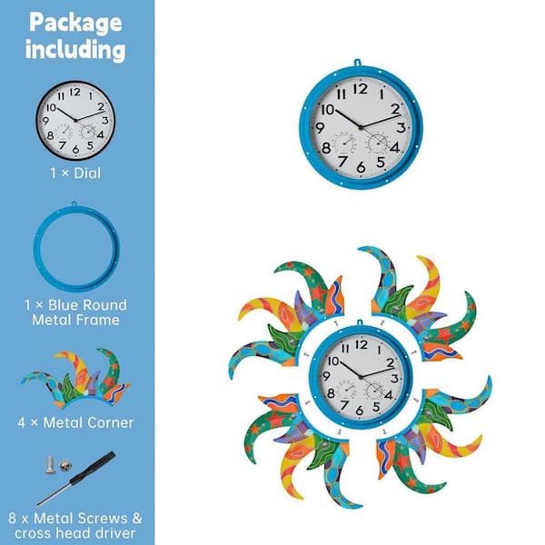 25 in. Blue Analog Plastic Waterproof Sun-Shaped Wall Clock