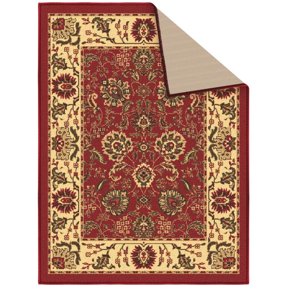 Red and Beige Synthetic Non-Slip Rectangular Area Rug