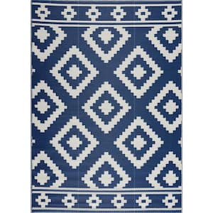 Milan Navy and Creme 8 ft. x 10 ft. Folded Reversible Recycled Plastic Indoor/Outdoor Area Rug-Floor Mat