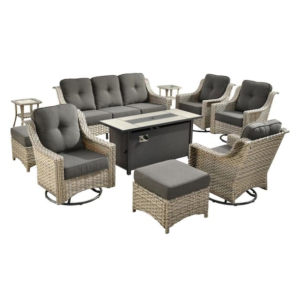 Cherry 10-Piece Wicker Outdoor Furniture Patio Fire Pit Conversation Sofa Set with Swivel Chairs and Black Cushions
