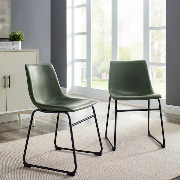 Walker Edison Furniture Company 18 in. Green Low Back Metal Frame Dining Chair with Faux Leather Seat (Set of 2)