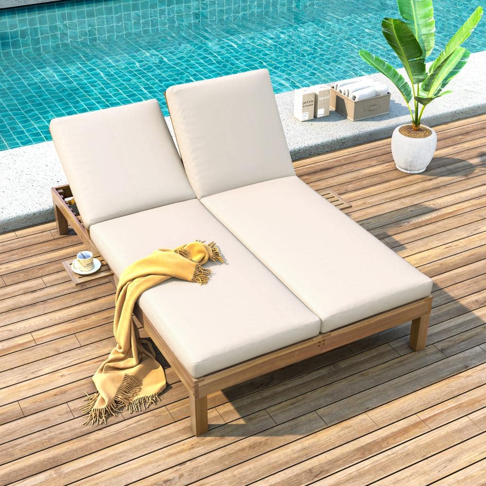 Light Teak Brown Acacia Wood Outdoor Day Bed with Beige Cushions, 5-Position Adjustable Backrest, Folding Side Trays price history on PriceWatchPro