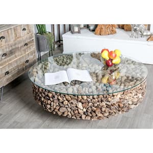 48 in. Brown Medium Round Driftwood Handmade Collage and Pedestal Base Coffee Table with Tempered Glass Top