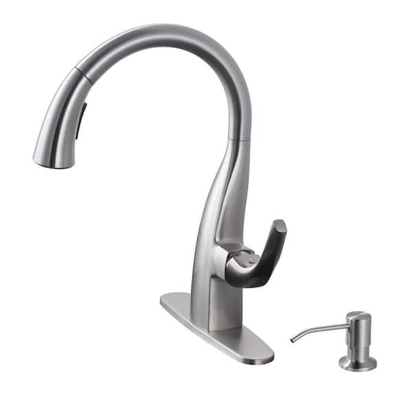 Single Handle Pull Down Sprayer Kitchen Faucet with Soap Dispenser in Brushed Nickel