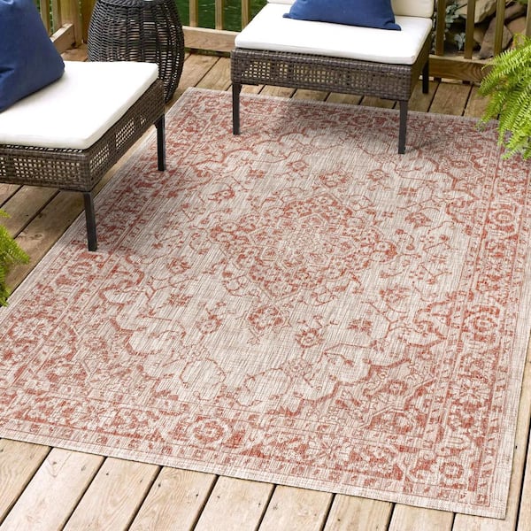 JONATHAN Y Rozetta Boho Medallion Red/Taupe 5 ft. 3 in. x 7 ft. 7 in. Textured Weave Indoor/Outdoor Area Rug