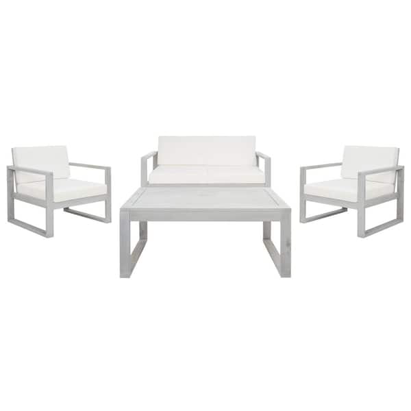 Emiko Gray 4-Piece Wood Patio Conversation Set with Beige Cushions