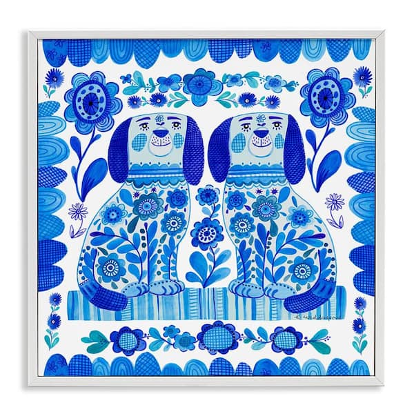 Stupell Industries Blue Folk Style Puppies by Kay Widdowson White Framed Animal Giclee Art Print 17 in. x 17 in.