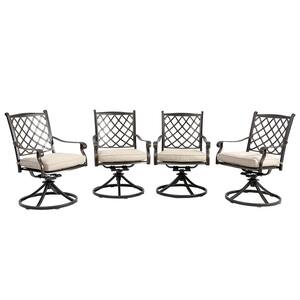 Cast Aluminum Outdoor Diagonal-Mesh Backrest Swivel Dining Chairs with Beige Cushions (Set of 4)