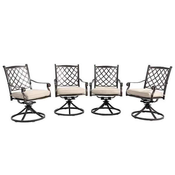 Mondawe Cast Aluminum Outdoor Diagonal-Mesh Backrest Swivel Dining Chairs with Beige Cushions (Set of 4)