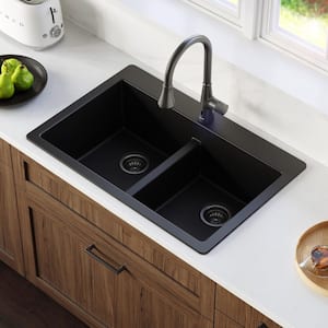 QT-810 Quartz/Granite 33 in. Double Bowl 50/50 Top Mount Drop-in Kitchen Sink in Black with Bottom Grid and Strainer