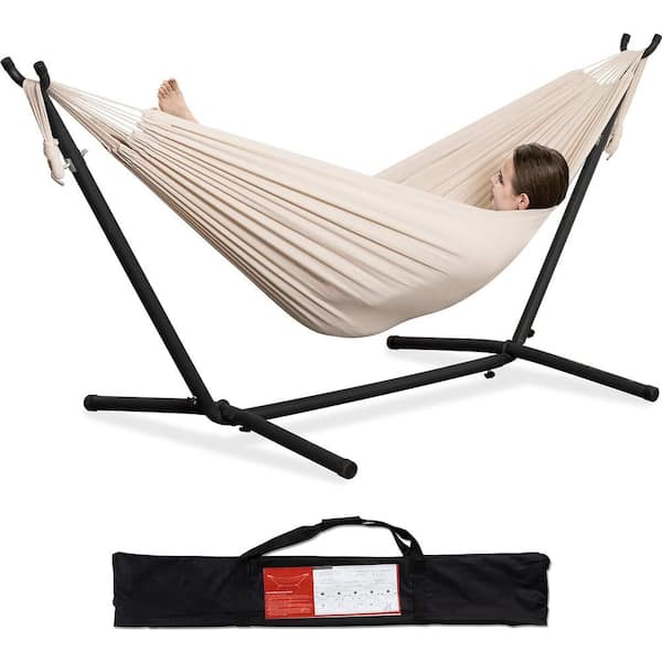 Unbranded 9 ft. 2-Person Heavy Duty Double Hammock with Space Saving Steel Stand, 450 lbs. Capacity and Carrying Bag in Beige