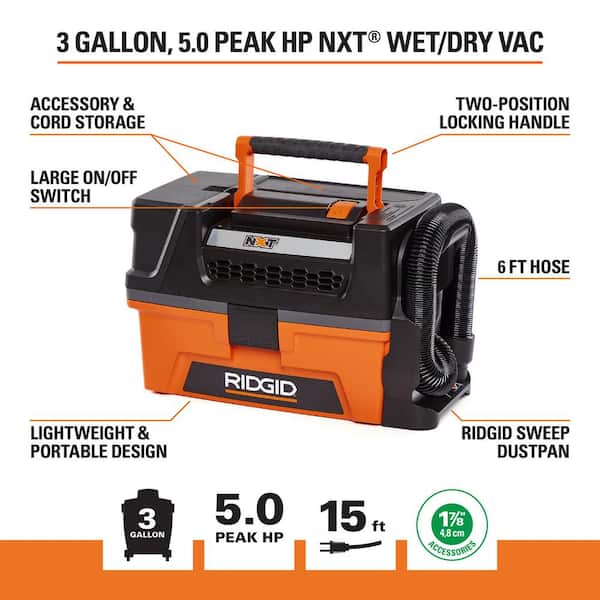 RIDGID 3 Gallon 5.0 Peak HP NXT Shop Vac Wet Dry Vacuum with Fine Dust Filter, Expandable Hose and Accessory Attachments