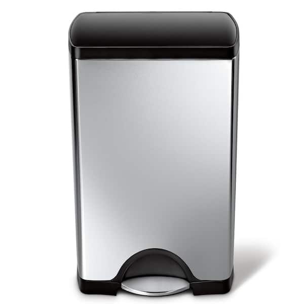 simplehuman 38-Liter Rectangular Brushed Stainless Steel Step-On Trash Can with Black Plastic Lid