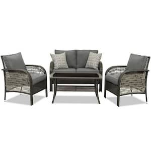 4-Piece Brown Wicker Patio Conversation Set with Gray Cushions
