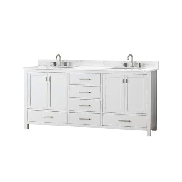 Modero 73 in. Double Sink White Bath Vanity with Cala White Engineered Stone Top
