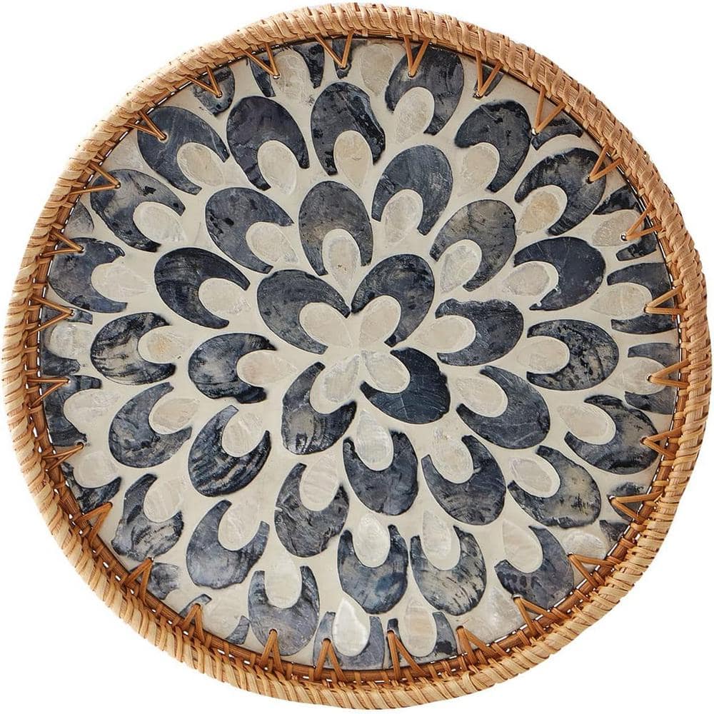 11.8 in. Black Plume Round Rattan Decorative Tray with Wooden Base (1-Pack)