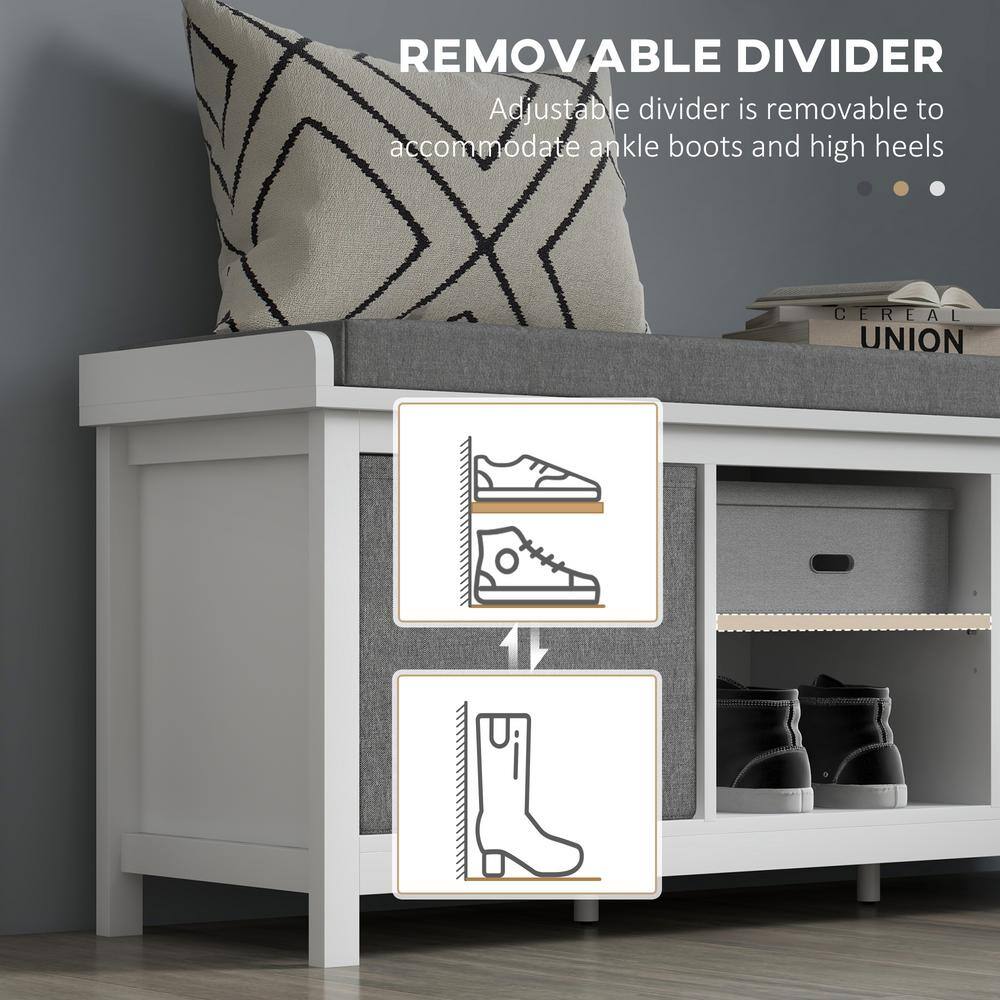 White and Gray Fabric Shoe Storage Bench with Cushion and Drawers