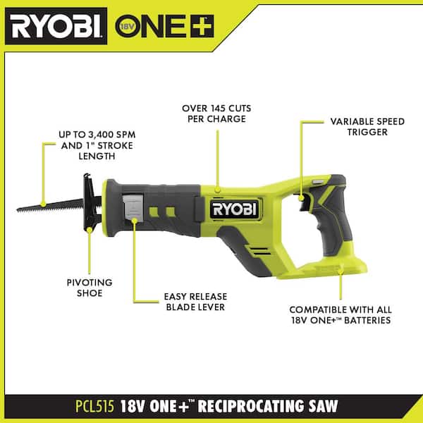 RYOBI PCL515K1 ONE+ 18V Cordless Reciprocating Saw Kit with 4.0 Ah Battery and Charger - 3