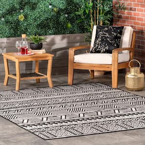 Abbey Tribal Striped Black 9 ft. 6 in. x 12 ft. Indoor/Outdoor Area Rug