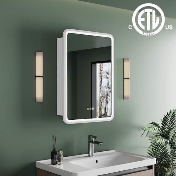 Thalia 20 in. W x 28 in. H Rectangular LED Anti-Fog Medicine Cabinet with Mirror, Recessed/Wall Mount, White, Left Hinge
