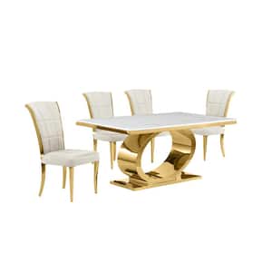 Ibraim 5-Piece Rectangle White Marble Top Gold Stainless Steel Dining Set 4 Cream Velvet Gold Iron Leg Chairs
