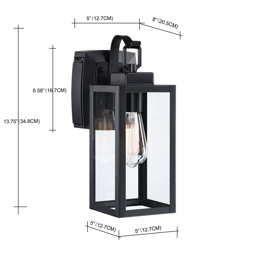 Matte Black Outdoor Lantern Sconce with Clear Glass and GFCI Outlets