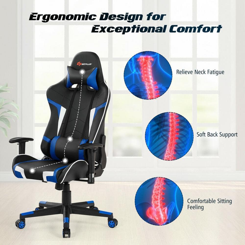 Blue and Black Faux Leather Ergonomic Gaming Chair with Adjustable Arms