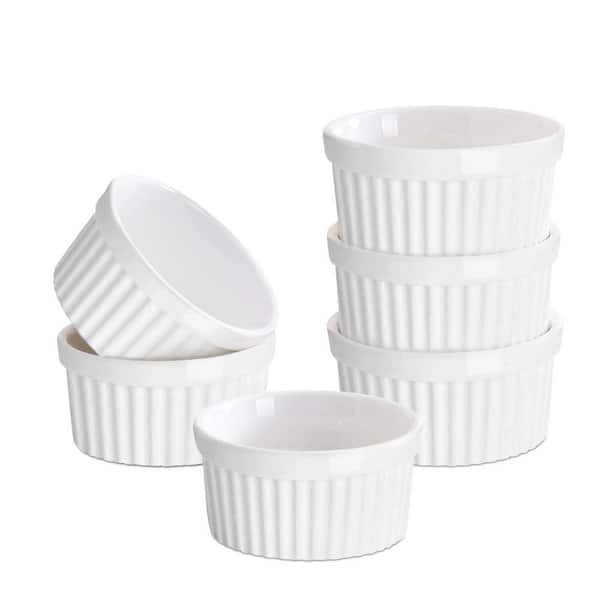 6-Piece Round Ceramic Ramekin Set White Porcelain Baking Dish Oven Safe for Souffle Creme Brulee Pudding
