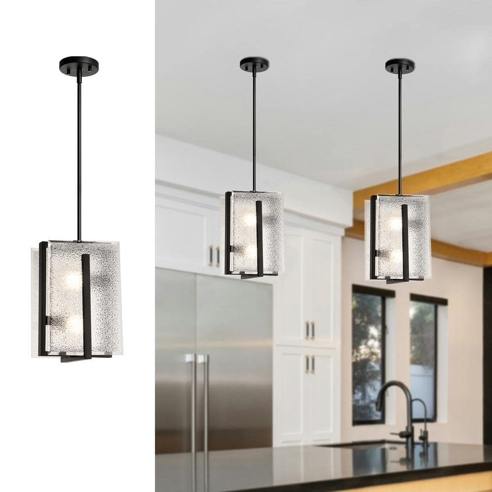 7.2 in. 2-Light Black Modern Frosted Glass Pendant Light for Kitchen Island