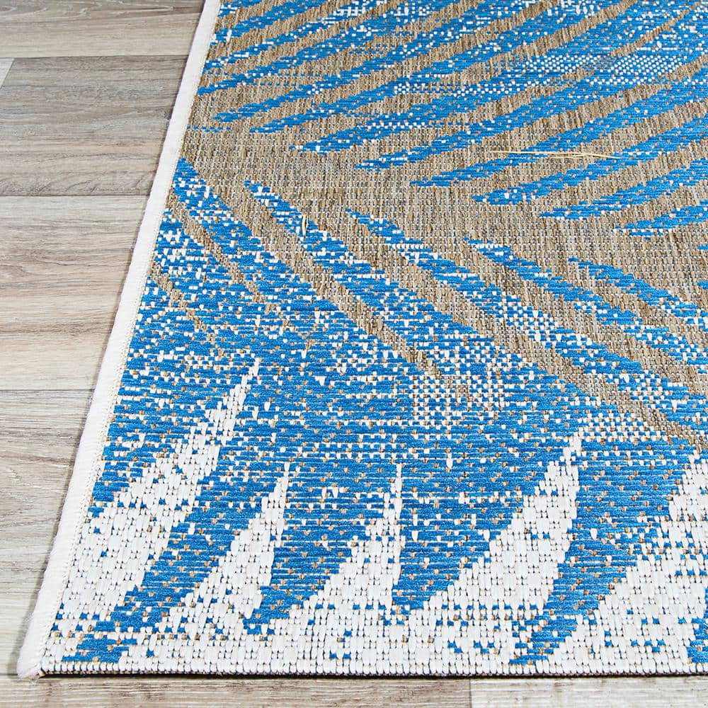 Ocean Blue and Beige Synthetic Geometric Indoor/Outdoor Area Rug