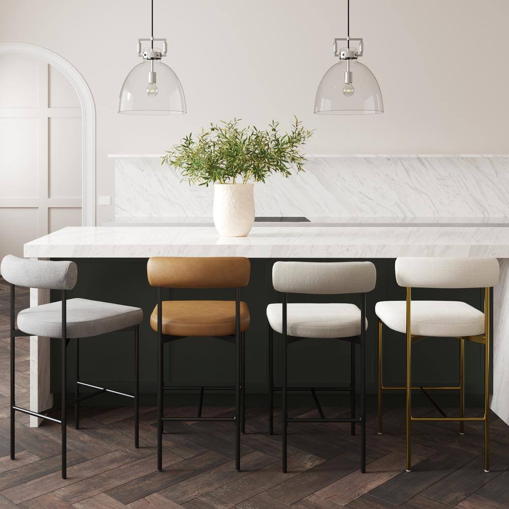 Light Cream Boucle Upholstered Counter Height Chair with Black Metal Legs