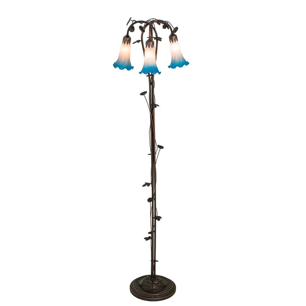 Mahogany Bronze Pond Lily 3-Light Floor Lamp in Pink/Blue