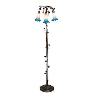 Pond Lily 58 in. Mahogany Bronze Victorian 3-Light Dimmable Arc Floor Lamp with Glass Cone Shade